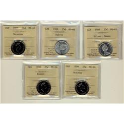 1968 25¢ Silver MS65 & MS66, 1999 December, October & August MS66.  Lot of 5 coins all ICCS graded.