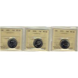 1972, 1979 & 1995 25¢ ICCS MS66.  Lot of 3 coins.