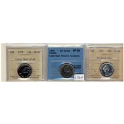 1973 Large Bust 25¢ CCCS VF30 designated as cleaned with scratches, 1967 25¢ PL64 Rotated dies and 1