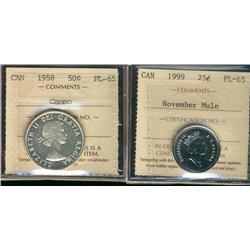 1999 25¢ Nov Mule & 1958 50¢ PL65.  Lot of 2 coins.  1958 is designated Cameo.