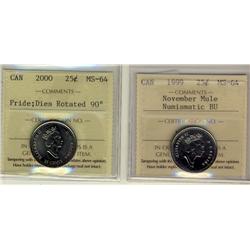 1999 25¢ Nov Mule & 2000 Pride 90% rotated die.  ICCS MS64.  Lot of 2 coins.