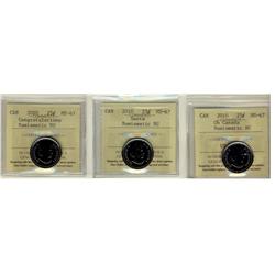 2010 25¢ Oh Canada, Santa & Congratulations ICCS MS67 NBU.  Lot of 3 coins.