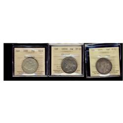 1871 50¢ F12, 1881H VF20 & 1888 VG8.  Lot of 3 coins all ICCS graded with problems.