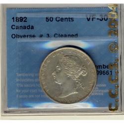 1892 50¢ Obv 3 CCCS VF30.  Designated cleaned. Rare obverse.