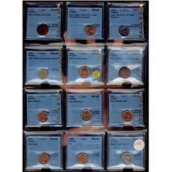 ERROR coinage.  Lot of 12 coins all with minor varieties/errors.  Includes a Rare 1947 5¢ ML Blt7 CC