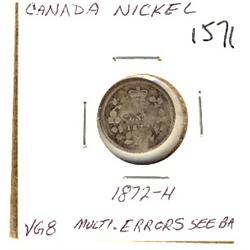Error. 1872H 5¢ Obverse: Double struck portrait, incurst CENT & 68, stamped upside down.  Reverse: E