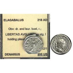 Roman Denarius, 218 AD Elagabalus.  Obv dr. and laur. Bust r.  Libertas holding pileus and vindicta.