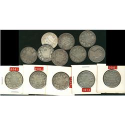 1900, 1901 (2), 1903H, 1904, 1906, 1907, 1909 (2), 1914 (4), 1936 50¢, G-2 to G-6, 14 pieces.