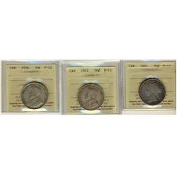 1901 50¢, 1911 & 1936 ICCS F12.  Lot of 3 coins.