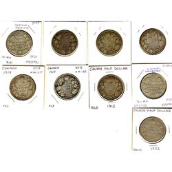 1902, 1903H, 1908, 1910  VL, 1910 EL, 1912, 1917, 1919, 1932 50¢, G6 to VG8, 9 pieces.