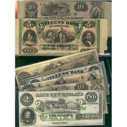 USA Confederation Notes, Lot includes Citizen's Bank $1, 1860 $5, Canal Bank 1857 $10(2) & $50, Bank
