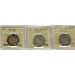 1902 50¢, 1903H & 1914 ICCS F12.  Lot of 3 coins.