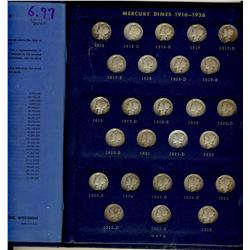 USA.  Complete Mercury Dime set.  1916 to 1945.  Grades vary from aG to VF.  Includes key dates.  (N