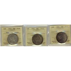 1906 50¢, 1907 & 1910 EL ICCS F15.  Lot of 3 coins.