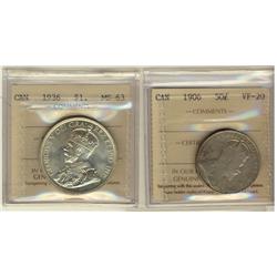 1906 50¢ VF20 & 1936 $1 MS63.  Lot of 2 certified examples.