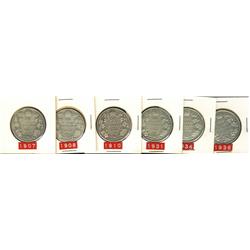 1907, 1908, 1910 EL, 1931, 1934, 1936 50¢, all VG-8, 6 pieces.