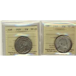 1907 & 1929 50¢ ICCS VF20.  Lot of 2 coins.