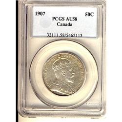 1907 50¢ PCGS AU58. Sharp with speckled gold tones.
