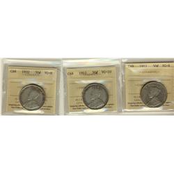 1911 50¢, 1912 & 1932 ICCS VG8.  Lot of 3 coins.