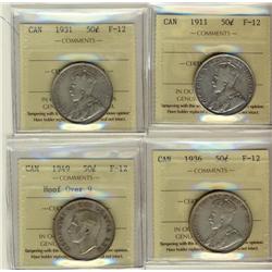1911 50¢, 1931, 1936 & 1949 ICCS F12.  Lot of 4 coins.