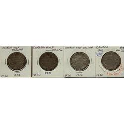 1913, 1916, 1931, 1934 50¢, all VF20, 4 pieces.