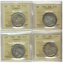 1916 50¢, 1918, 1932 & 1949 ICCS F15.  Lot of 4 coins.