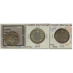 1917, 1919, 1920 Large O 50¢, all VF30 or better, 3 pieces.