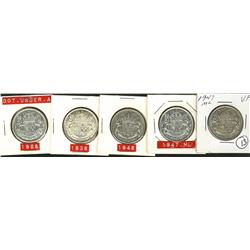 1938, 1947 ML (2), 1948, 1958 Dot 50¢, all F12 or better, 5 pieces.
