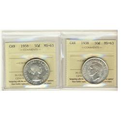 1938 & 1958 ICCS MS63. Lot of 2 coins.