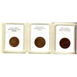 Token lot, includes 1844 Bank of Montreal BR:527 MS62, 1852 Quebec Half Penny BC-529 & Maison Jacque