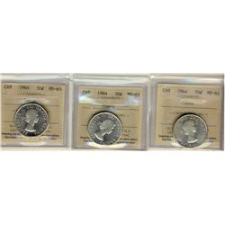 1964 50¢ ICCS MS65 Cameo.  Lot of 3 coins all full white.