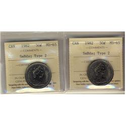 1982 50¢ SmBds Type 2 ICCS MS65.  Lot of 2 coins.