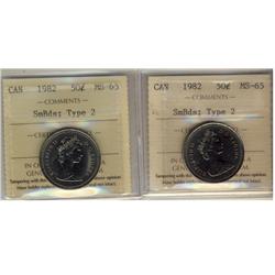 1982 50¢ SmBds Type 2 ICCS MS65.  Lot of 2 coins.
