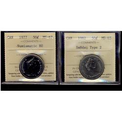 1982 50¢ SmBds Type 2 MS65 & 1977 MS67 NBU.  Lot of 2 coins both ICCS graded.