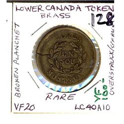 Breton 674 CH LC-40A10 Brass and overstruck.  Stamped over 1820 Bust and Harp.  Broken planchet.  VF