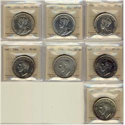 1935 $1 EF40, 1936 AU50(2), 1939, 1946 EF40 & 1946 AU50(2).  Lot of 7 coins all with comments.