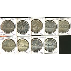 1935 $1, 1949 (2), 1950, 1950 Arnp, 1952 NWL, 1955 (3), all AU55 or better, 9 pieces.