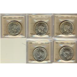 1935 $1(2), 1936, 1938 & 1939 ICCS MS63.  Lot of 5 coins.
