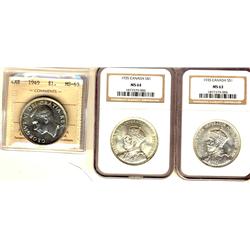 1935 $1 NGC MS63, MS64 & 1949 ICCS MS63.  Lot of 3 coins.