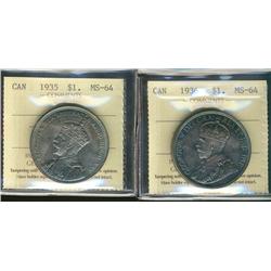 1935 & 1936 $1 ICCS MS64.  Both with attractive bluish tints,