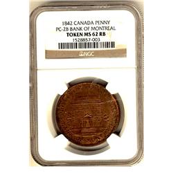 Token, 1842 Bank of Montreal Penny PC-2B NGC MS62RB.