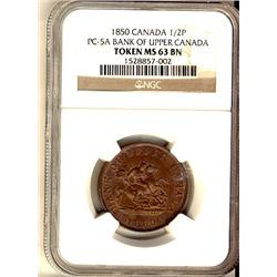 Token 1850 1/2P Bank of Upper Canada PC-5A NGC MS63BN.  Lots of lustre and trace red.