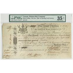 Hudson Bay Company 1820 1 pound Sterling York Factory S/N 237 PMG VF35, minor restoration.  Scarce.