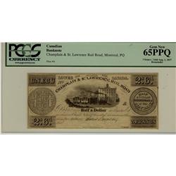 Champlain & St, Lawrence Rail Road Montreal PQ 1837 3Frs/2s6d PCGS UNC65PPQ