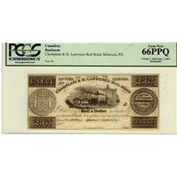 Champlain & St, Lawrence Rail Road Montreal PQ 1837 3Frs/2s6d PCGS UNC66PPQ
