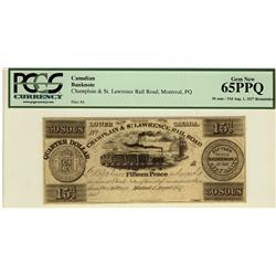 Champlain & St, Lawrence Rail Road Montreal PQ 1837 30 sous/15d PCGS UNC65PPQ