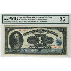 Government Cash note Nfld 1920 $1 NF-12a PMG VF25.  Rare signature and exceptional grade for type.  