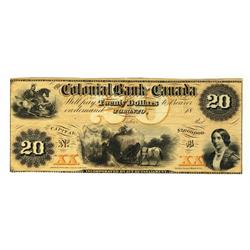 The Colonial Bank of Canada 18___ $20 CH-10-02-14R.  Remainded type in VF grade.
