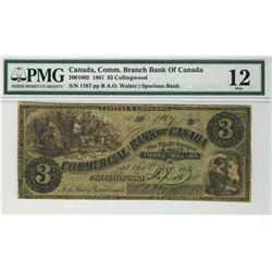The Commercial Bank of  Canada 1861 $3 1187 CH-200-10-02 PMG F12