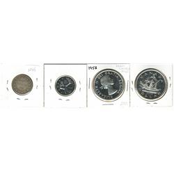 1949 $1 MS65, 1958 PL65 Cameo, 1954 25¢ PL65 along with 1899 Nfld 20¢ Lg 9's VF.  Lot of 4 coins.